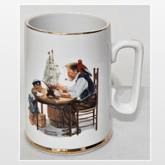 VTG 80s Norman Rockwell Mug White Porcelain For A Good Boy Sail Boat 24K Gold - Picture 1 of 16